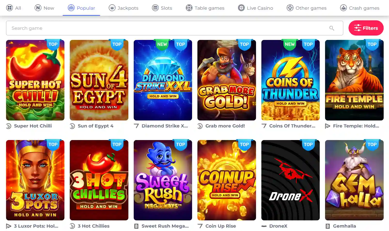 Casper Spins game lobby showing current casino categories and providers