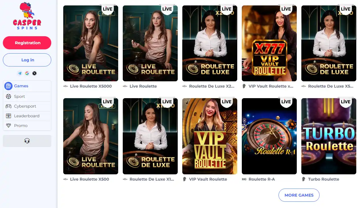 Casper Spins live casino lobby